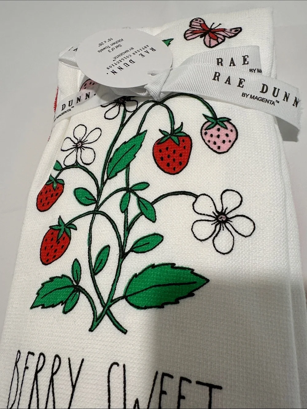Rae Dunn Set of 3 Kitchen Towels Berry Sweet & Healthy 16 x 26